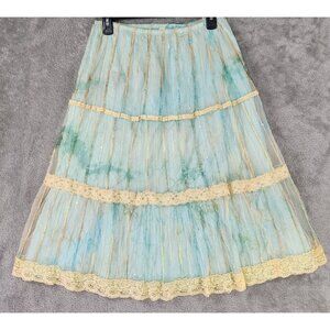 Womens Skirt Medium Cream Lace Mesh Overlay Teal Fairy Goth Peasant Vintage Midi